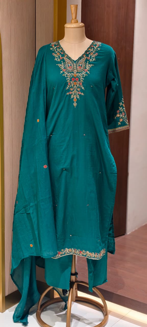 Classic Cotton Straight Full Suit Set with Intricate Kashmiri Paisley Embroidery & Dupatta- 14895 (Dispatching From Monday)