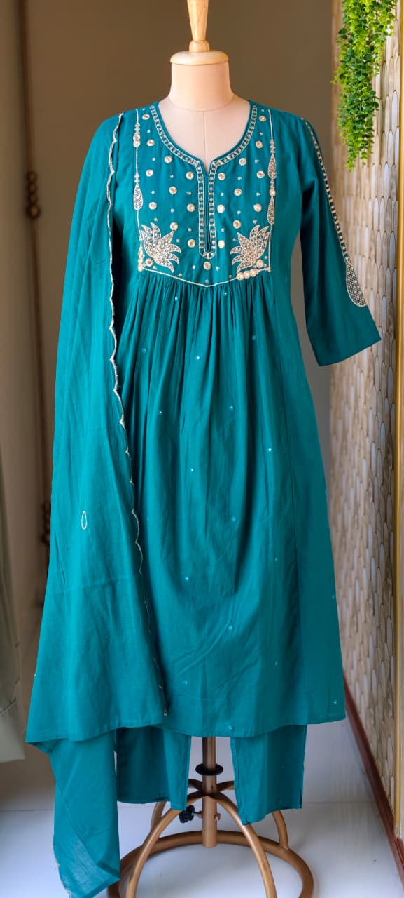 Sili Cotton A-Line Full Suit Set with Foil Mirror Embroidery Yoke & Scalloped Dupatta- 14895 (Dispatching From Monday)