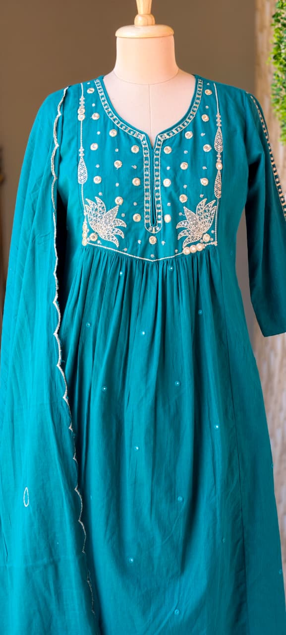 Sili Cotton A-Line Full Suit Set with Foil Mirror Embroidery Yoke & Scalloped Dupatta- 14895 (Dispatching From Monday)