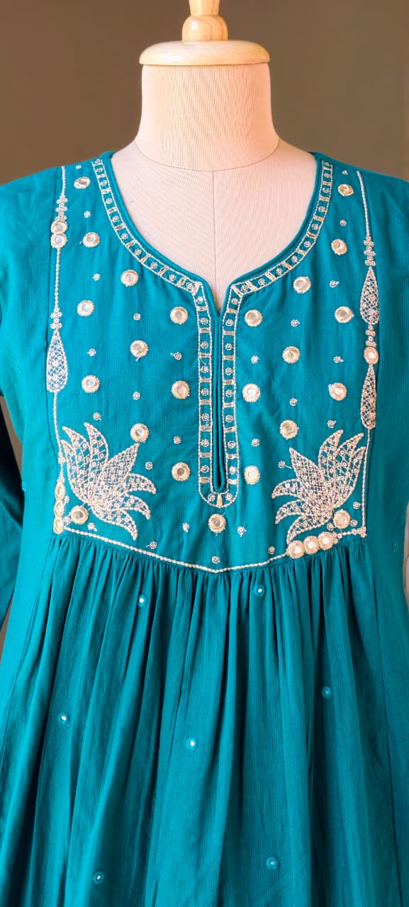 Sili Cotton A-Line Full Suit Set with Foil Mirror Embroidery Yoke & Scalloped Dupatta- 14895 (Dispatching From Monday)