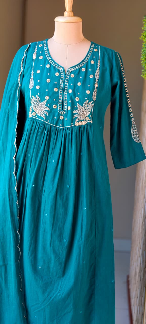 Sili Cotton A-Line Full Suit Set with Foil Mirror Embroidery Yoke & Scalloped Dupatta- 14895 (Dispatching From Monday)