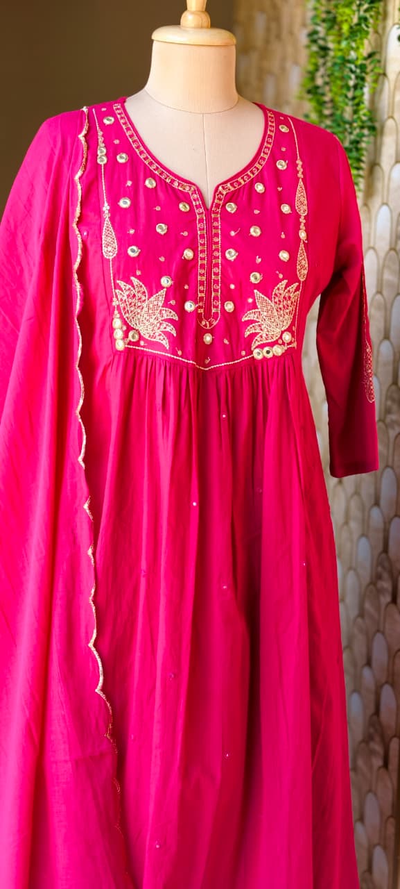 Sili Cotton A-Line Full Suit Set with Foil Mirror Embroidery Yoke & Scalloped Dupatta- 14895 (Dispatching From Monday)
