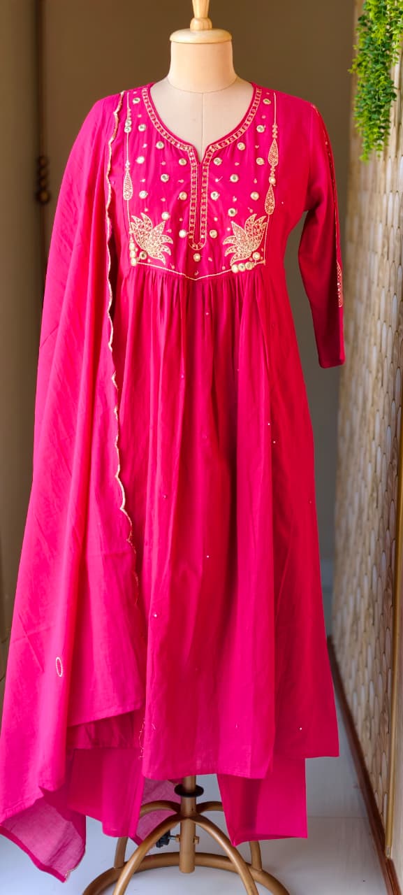 Sili Cotton A-Line Full Suit Set with Foil Mirror Embroidery Yoke & Scalloped Dupatta- 14895 (Dispatching From Monday)