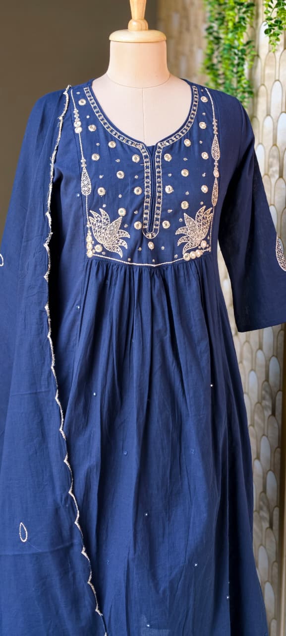 Sili Cotton A-Line Full Suit Set with Foil Mirror Embroidery Yoke & Scalloped Dupatta- 14895 (Dispatching From Monday)