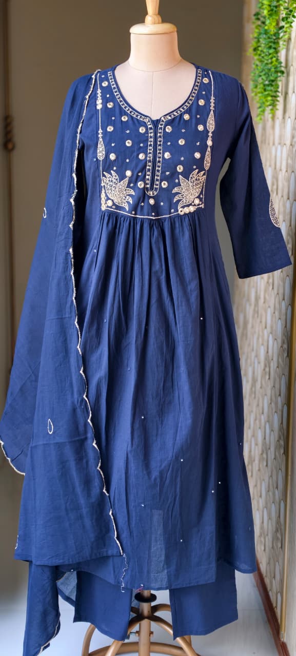 Sili Cotton A-Line Full Suit Set with Foil Mirror Embroidery Yoke & Scalloped Dupatta- 14895 (Dispatching From Monday)