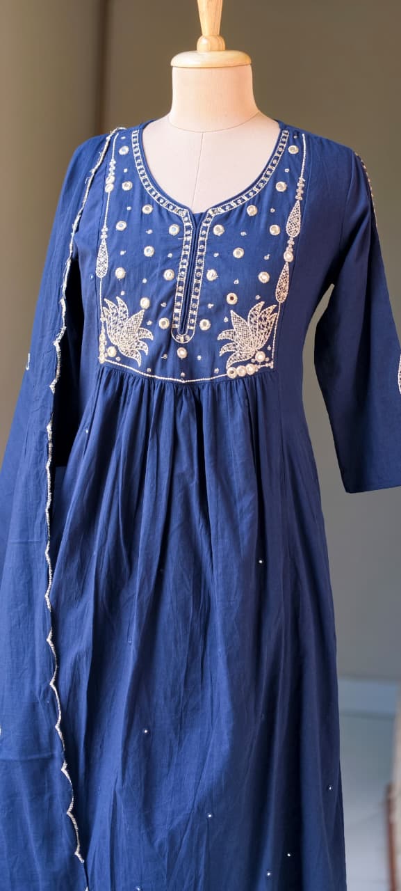 Sili Cotton A-Line Full Suit Set with Foil Mirror Embroidery Yoke & Scalloped Dupatta- 14895 (Dispatching From Monday)