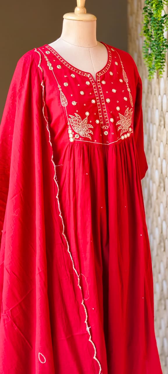Sili Cotton A-Line Full Suit Set with Foil Mirror Embroidery Yoke & Scalloped Dupatta- 14895 (Dispatching From Monday)