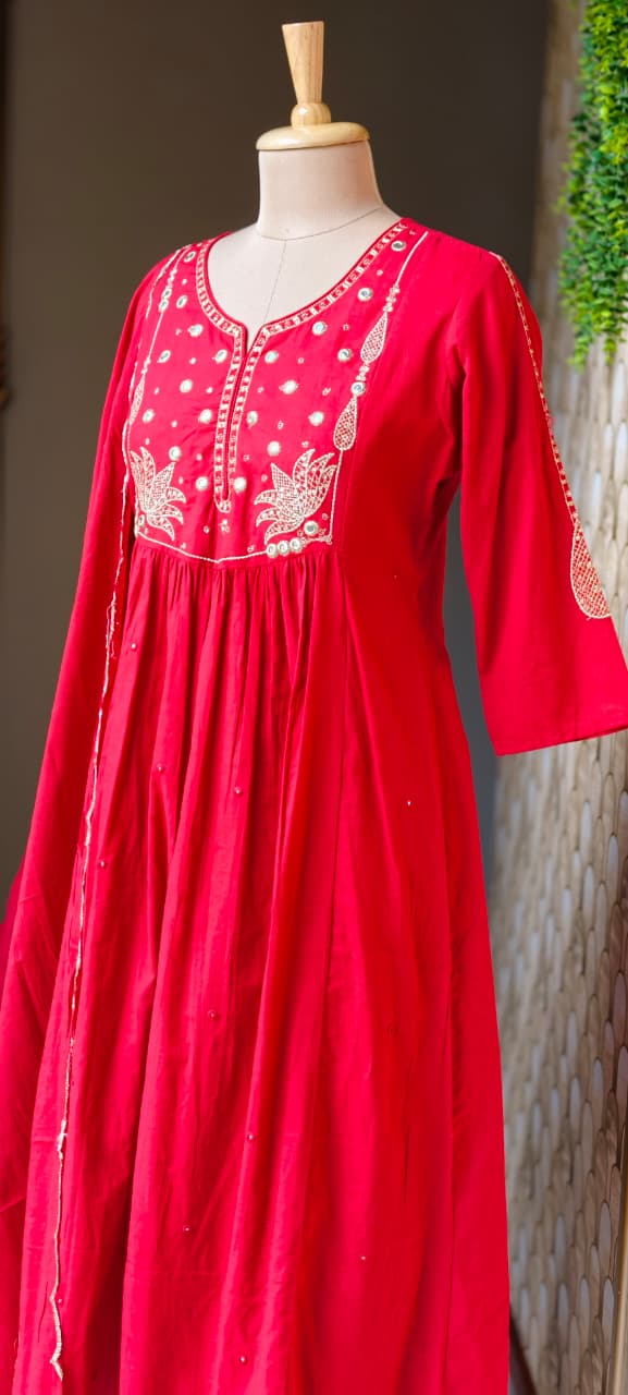 Sili Cotton A-Line Full Suit Set with Foil Mirror Embroidery Yoke & Scalloped Dupatta- 14895 (Dispatching From Monday)