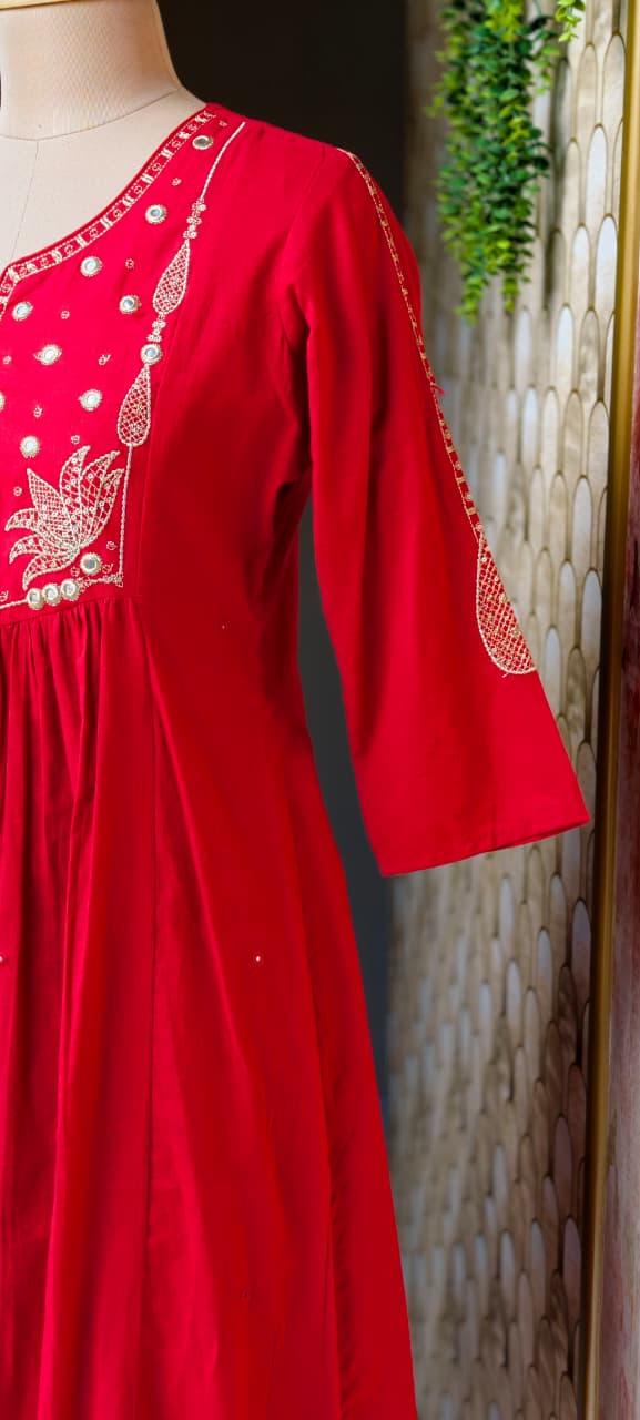 Sili Cotton A-Line Full Suit Set with Foil Mirror Embroidery Yoke & Scalloped Dupatta- 14895 (Dispatching From Monday)