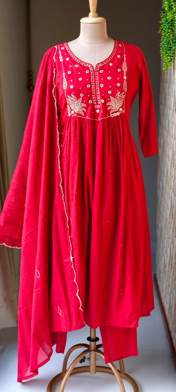 Sili Cotton A-Line Full Suit Set with Foil Mirror Embroidery Yoke & Scalloped Dupatta- 14895 (Dispatching From Monday)