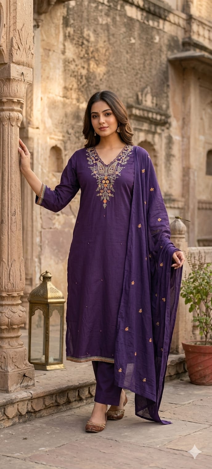 Classic Cotton Straight Full Suit Set with Intricate Kashmiri Paisley Embroidery & Dupatta- 14895 (Dispatching From Monday)