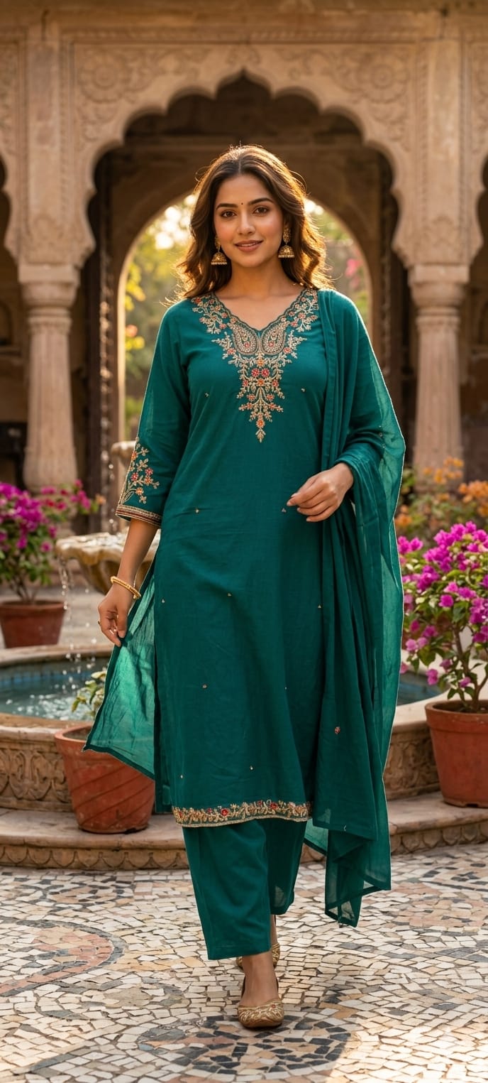 Classic Cotton Straight Full Suit Set with Intricate Kashmiri Paisley Embroidery & Dupatta- 14895 (Dispatching From Monday)