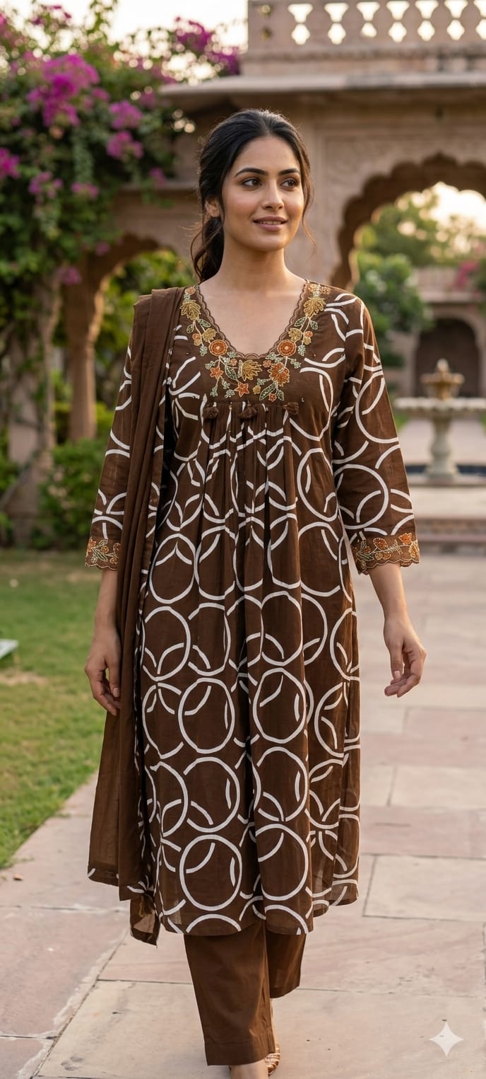 Premium Geometric Print Cotton Gathered A-Line Full Suit Set with Floral Embroidered Neckline & Dupatta (Dispatching From Monday)