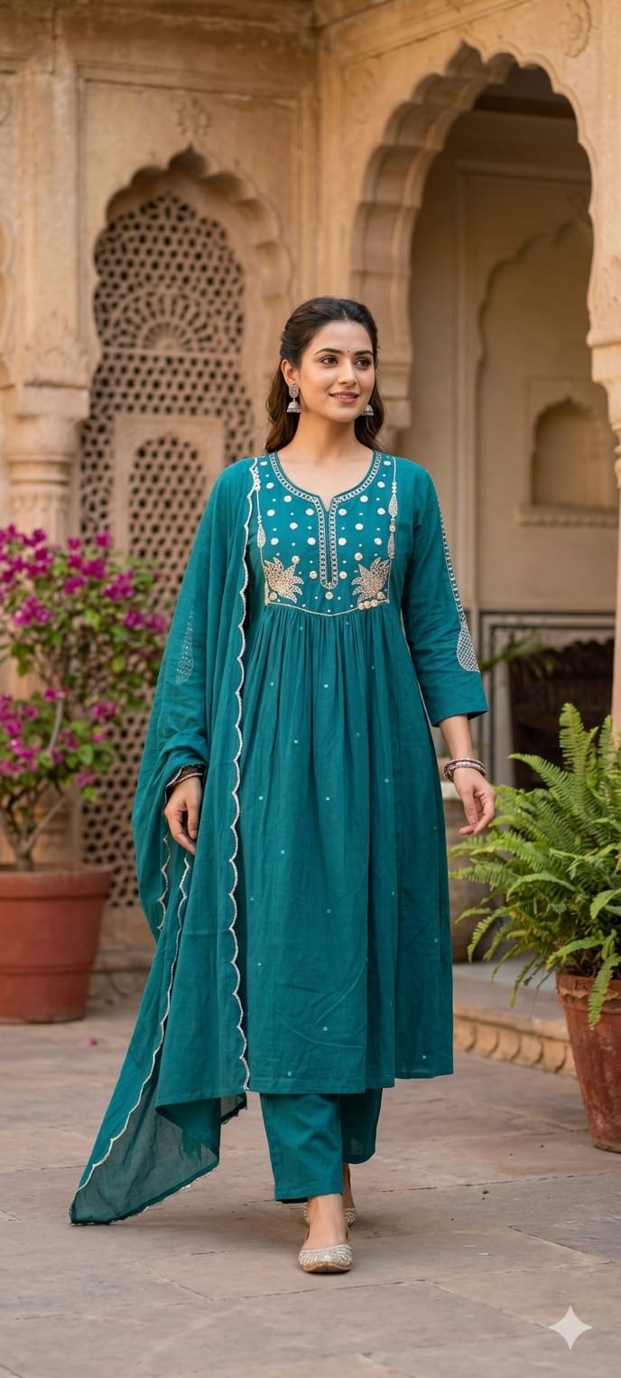 Sili Cotton A-Line Full Suit Set with Foil Mirror Embroidery Yoke & Scalloped Dupatta- 14895 (Dispatching From Monday)