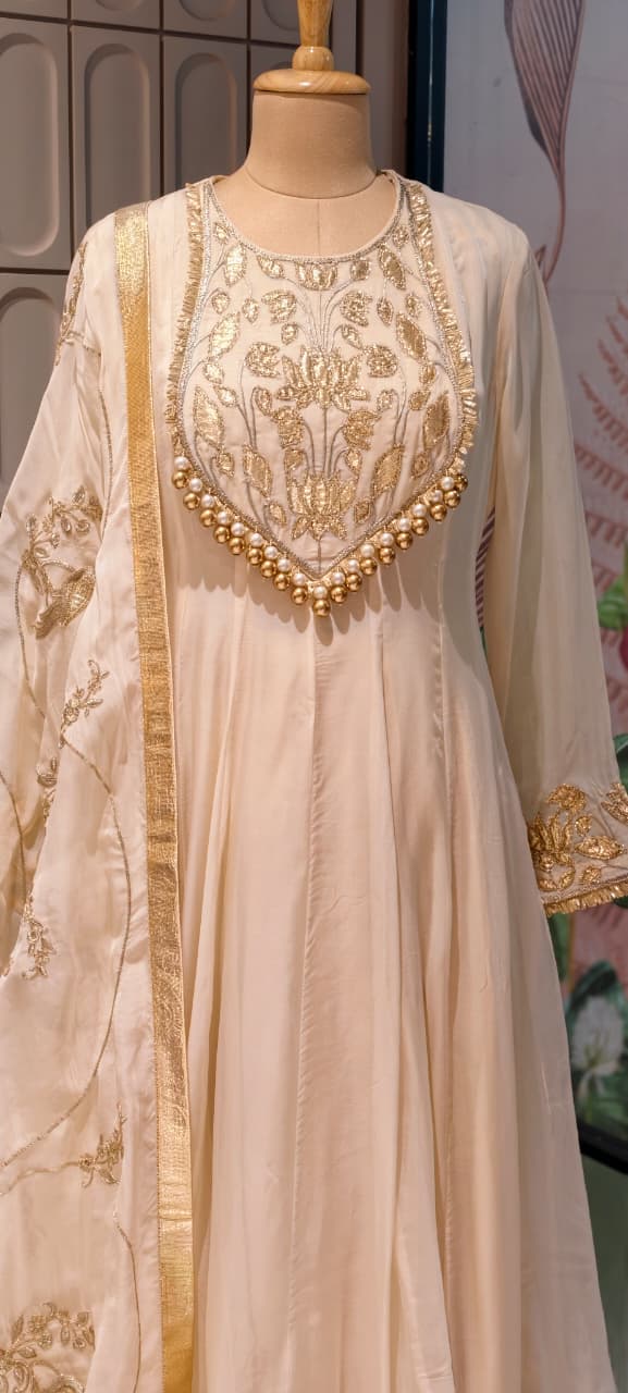 Premium Chanderi Silk Panel Anarkali Suit Set with Zardozi Lotus Embroidery & Pearl Detailing- 14842