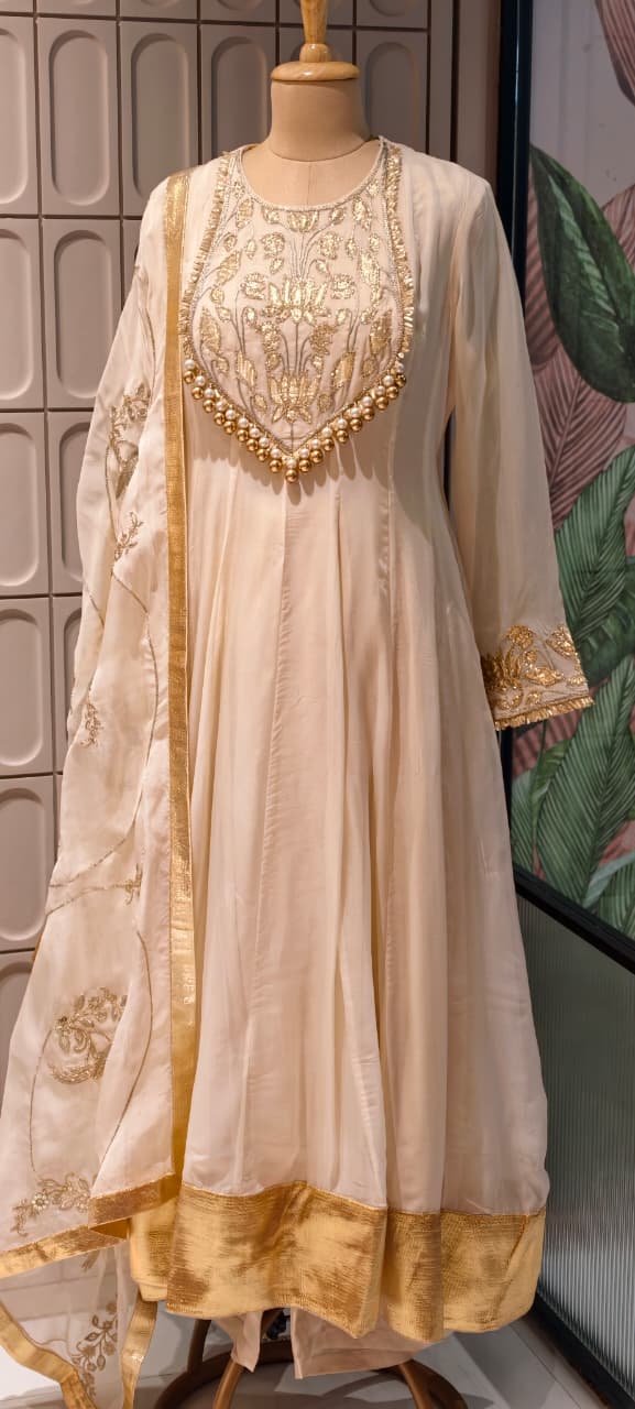 Premium Chanderi Silk Panel Anarkali Suit Set with Zardozi Lotus Embroidery & Pearl Detailing- 14842