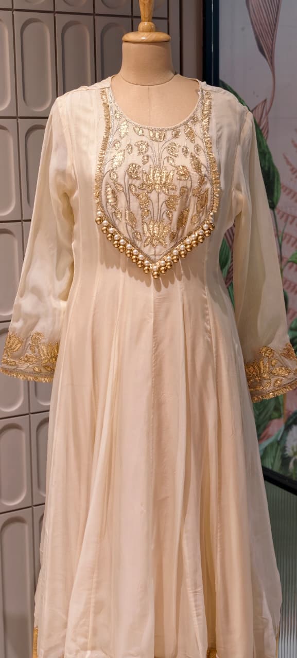 Premium Chanderi Silk Panel Anarkali Suit Set with Zardozi Lotus Embroidery & Pearl Detailing- 14842