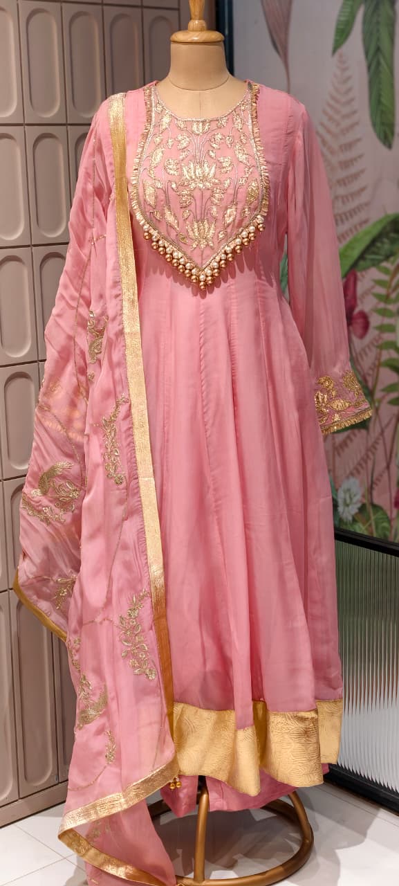 Premium Chanderi Silk Panel Anarkali Suit Set with Zardozi Lotus Embroidery & Pearl Detailing- 14842