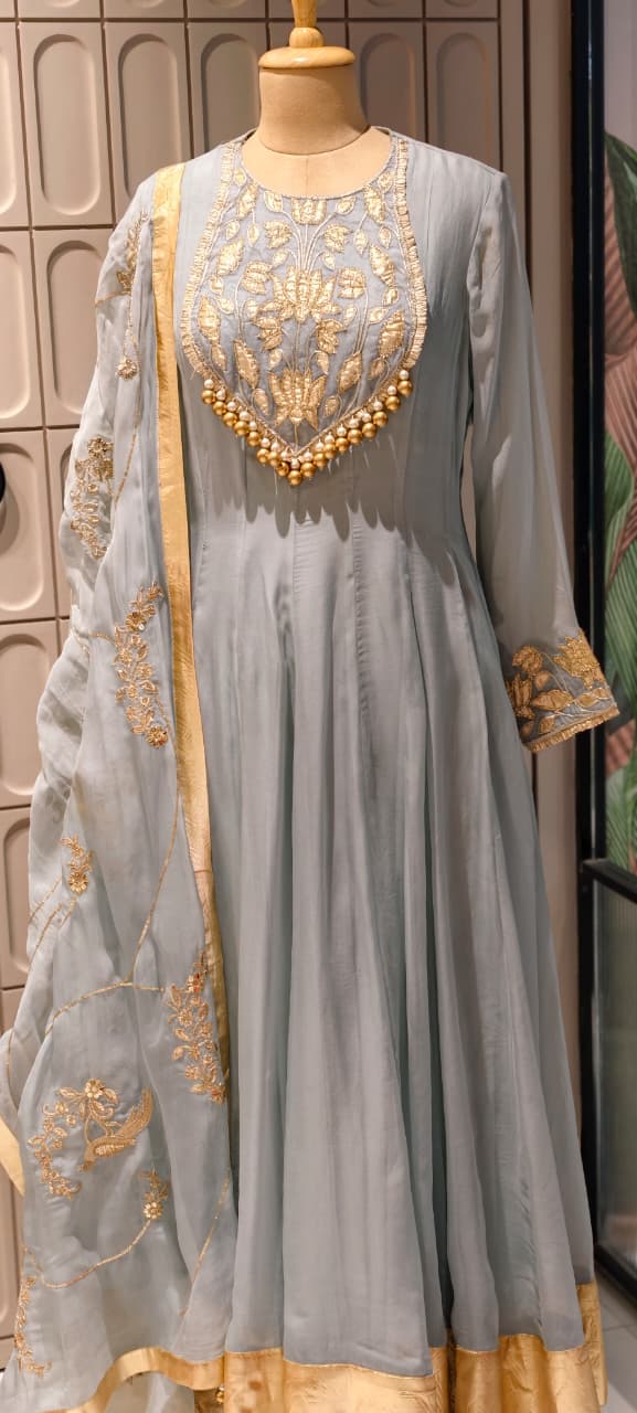 Premium Chanderi Silk Panel Anarkali Suit Set with Zardozi Lotus Embroidery & Pearl Detailing- 14842