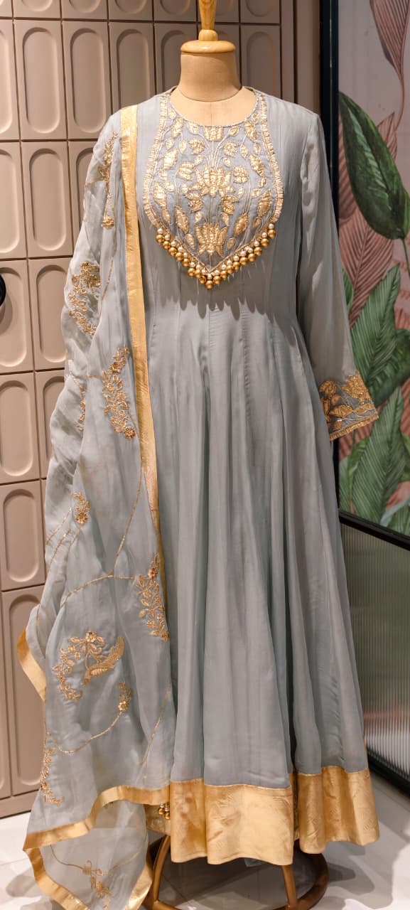 Premium Chanderi Silk Panel Anarkali Suit Set with Zardozi Lotus Embroidery & Pearl Detailing- 14842