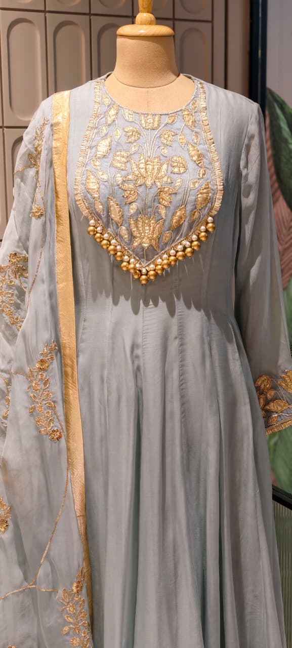 Premium Chanderi Silk Panel Anarkali Suit Set with Zardozi Lotus Embroidery & Pearl Detailing- 14842