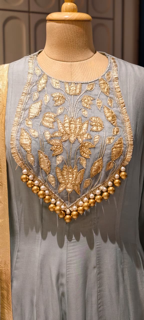Premium Chanderi Silk Panel Anarkali Suit Set with Zardozi Lotus Embroidery & Pearl Detailing- 14842