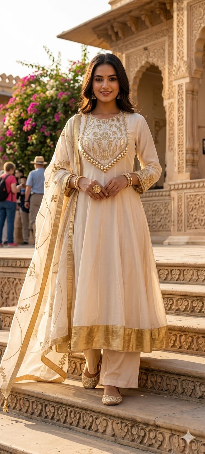 Premium Chanderi Silk Panel Anarkali Suit Set with Zardozi Lotus Embroidery & Pearl Detailing- 14842