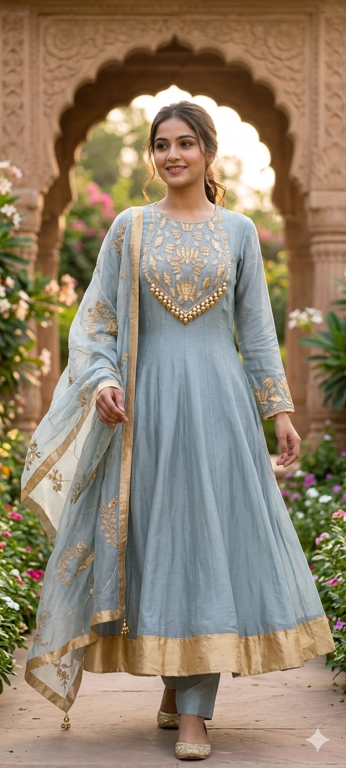 Premium Chanderi Silk Panel Anarkali Suit Set with Zardozi Lotus Embroidery & Pearl Detailing- 14842