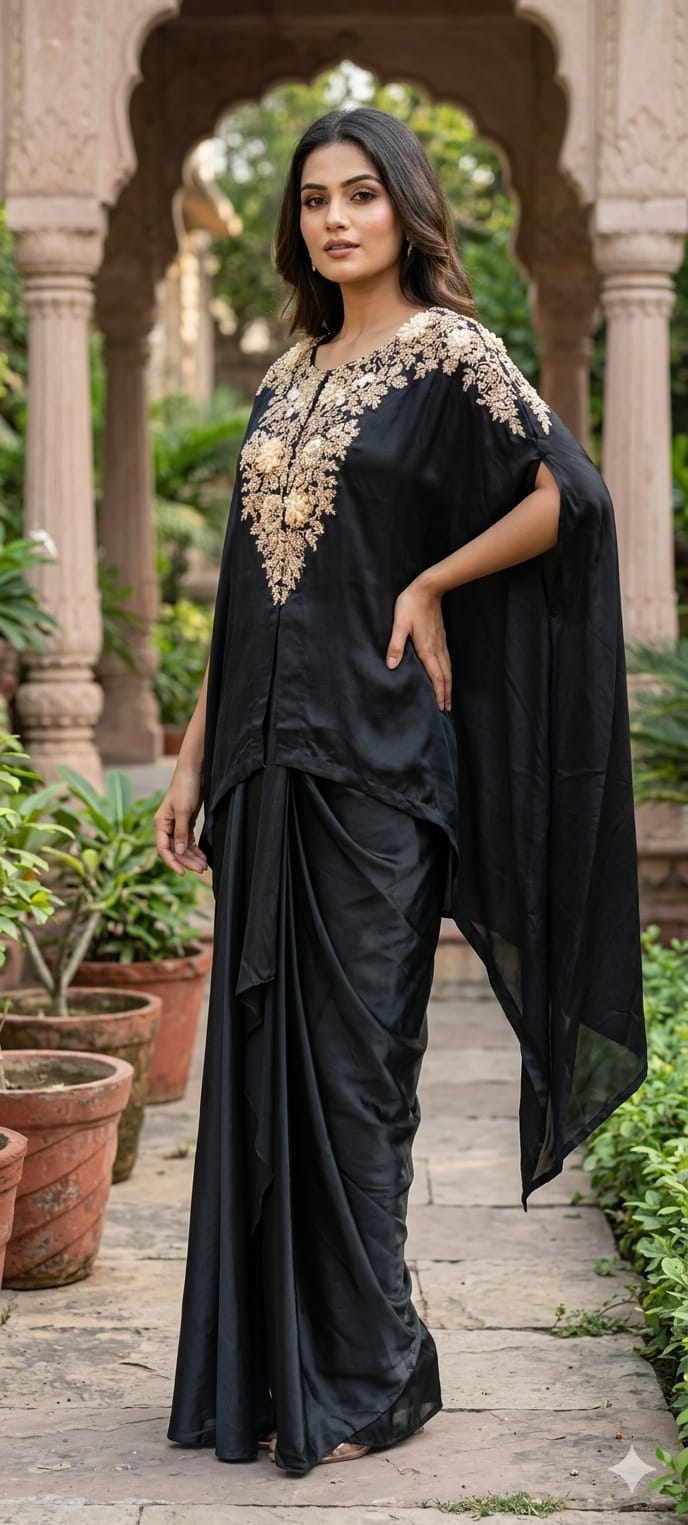 Luxury Chinon Kaftan Top with Draped Dhoti Skirt Set – Festive Indo-Western Fusion Wear- 14239
