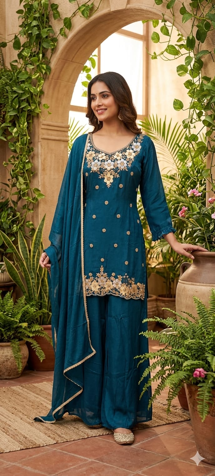Premium Chinon Intricate Floral Embroidered Full Suit Set with Dupatta & Palazzo Bottom- 14012