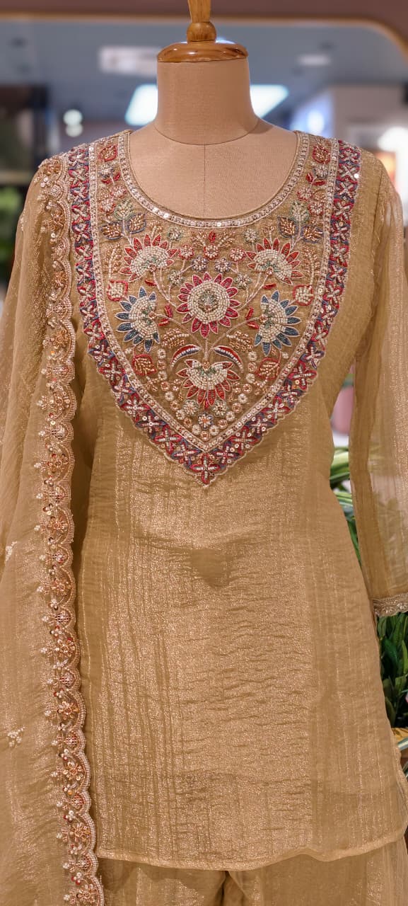 Metallic Gold Crush Tissue Sharara Full Suit Set with Intricate Hand-Embroidered Floral Neckline- 14034