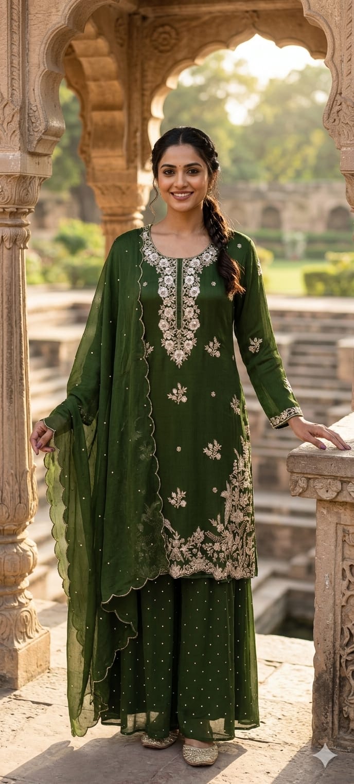 Royal Zari Embroidered Premium Chinon Sharara Full Suit Set with Scalloped Dupatta- 13389
