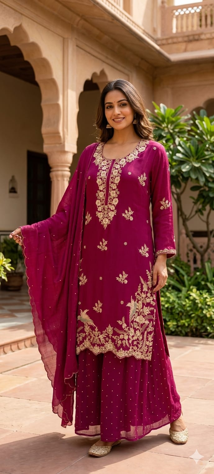 Royal Zari Embroidered Premium Chinon Sharara Full Suit Set with Scalloped Dupatta- 13389