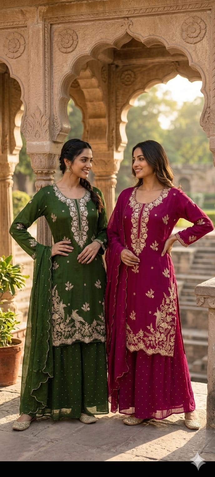 Royal Zari Embroidered Premium Chinon Sharara Full Suit Set with Scalloped Dupatta- 13389