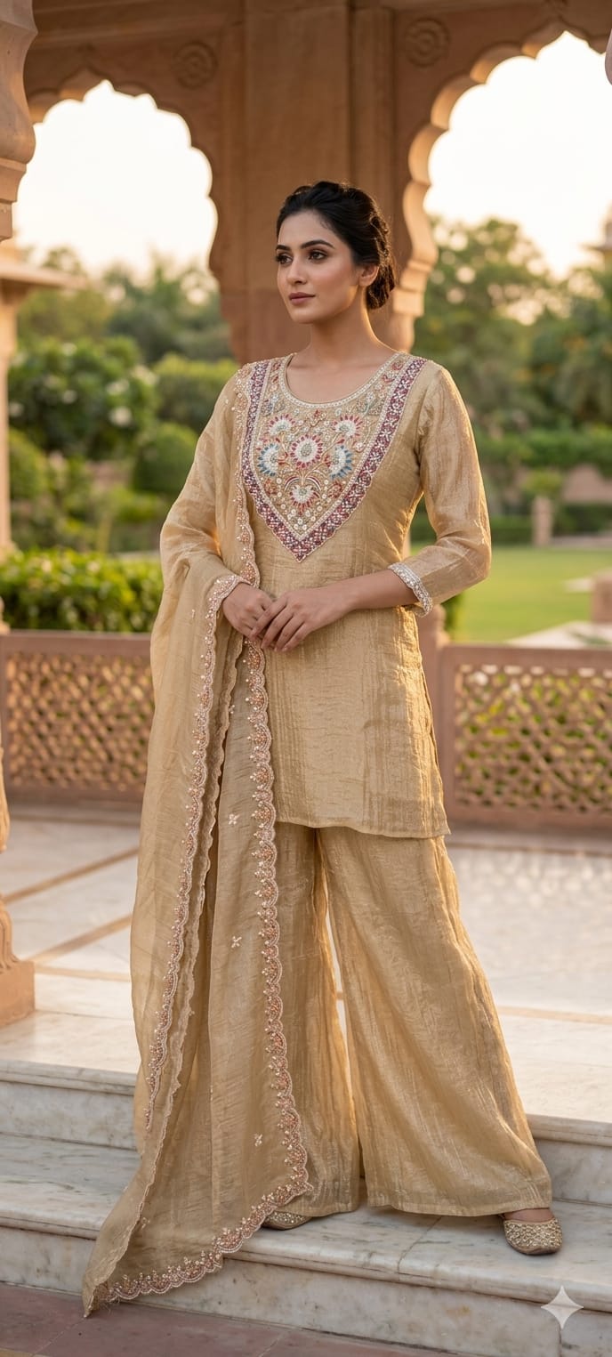 Metallic Gold Crush Tissue Sharara Full Suit Set with Intricate Hand-Embroidered Floral Neckline- 14034