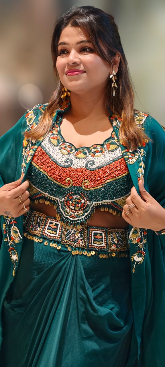 Tribal Inspired Indo-Western Fusion Set with Heavily Hand-Embroidered Crop Top, Draped Skirt, and Cape- 12975