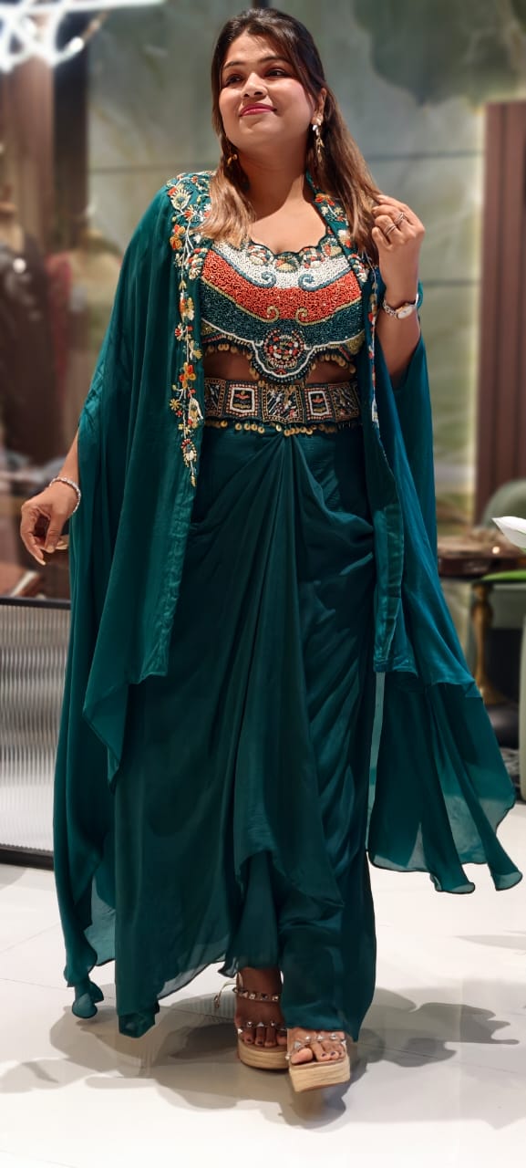 Tribal Inspired Indo-Western Fusion Set with Heavily Hand-Embroidered Crop Top, Draped Skirt, and Cape- 12975