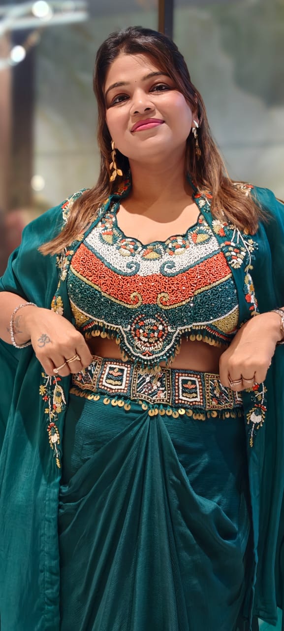 Tribal Inspired Indo-Western Fusion Set with Heavily Hand-Embroidered Crop Top, Draped Skirt, and Cape- 12975