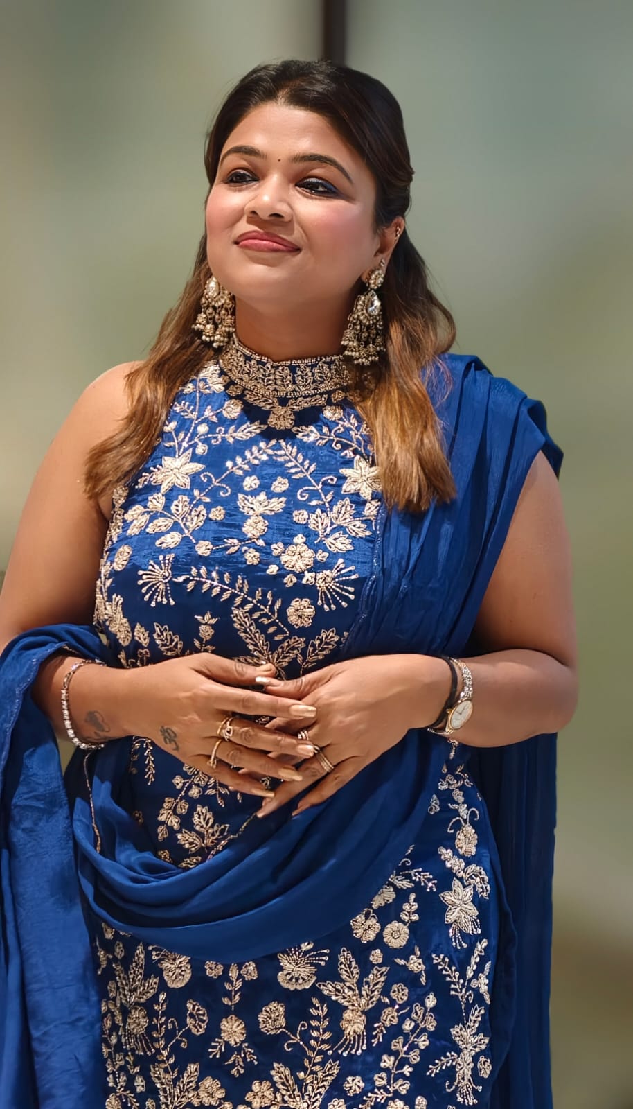 Royal Blue Premium Chinon Sharara Set with All-Over Silver-Gold Floral Embroidery Accents- 13391