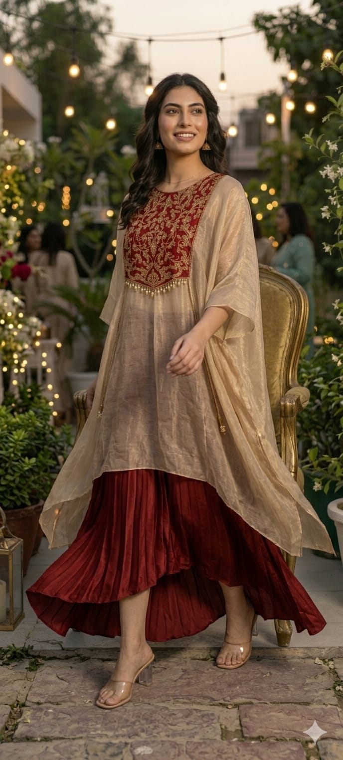 Beige Premium Shimmer Tissue Kaftan with Embroidered Maroon Yoke and Pleated Skirt Set- 11396