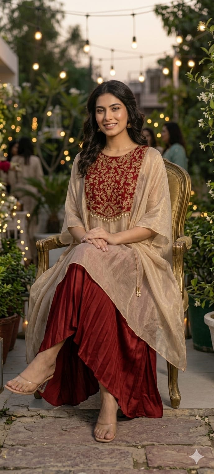 Beige Premium Shimmer Tissue Kaftan with Embroidered Maroon Yoke and Pleated Skirt Set- 11396