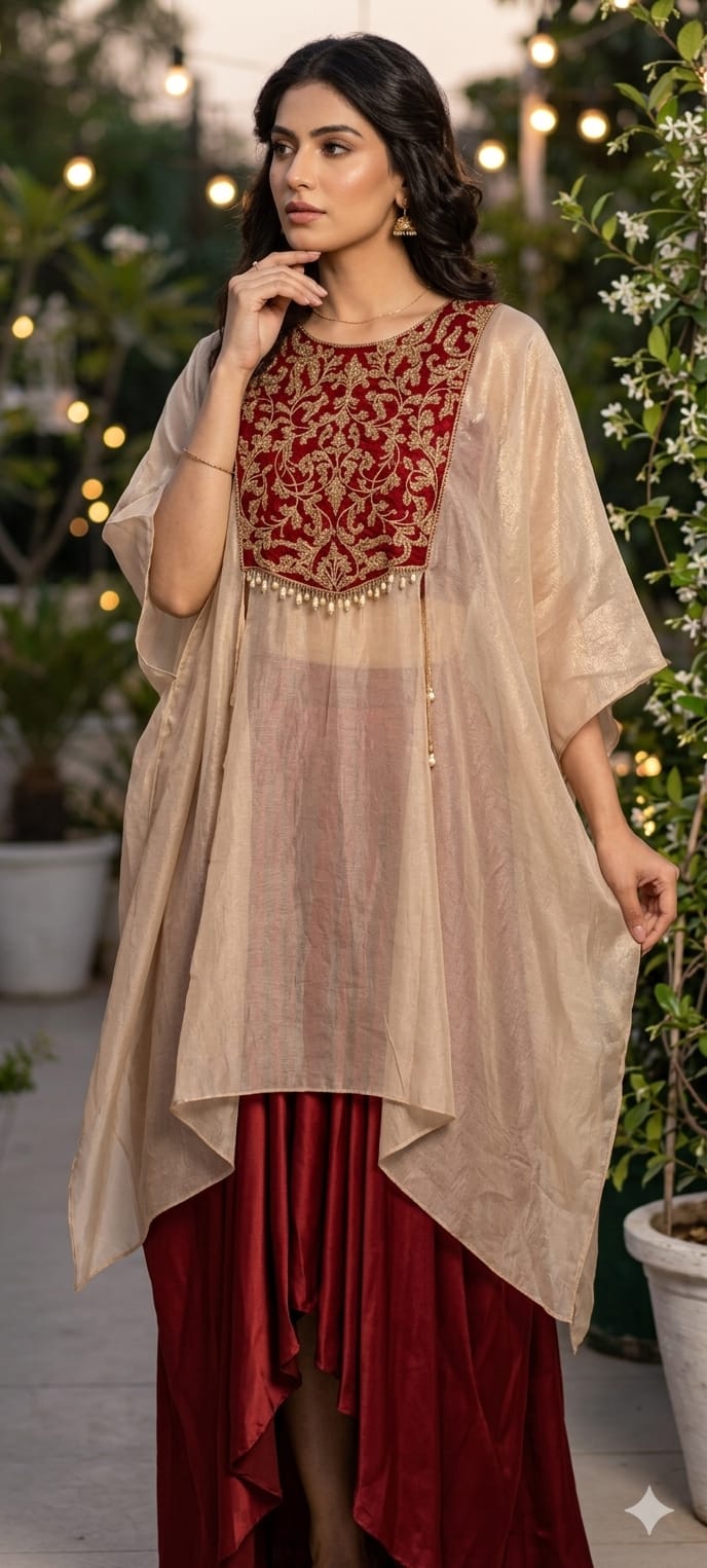 Beige Premium Shimmer Tissue Kaftan with Embroidered Maroon Yoke and Pleated Skirt Set- 11396