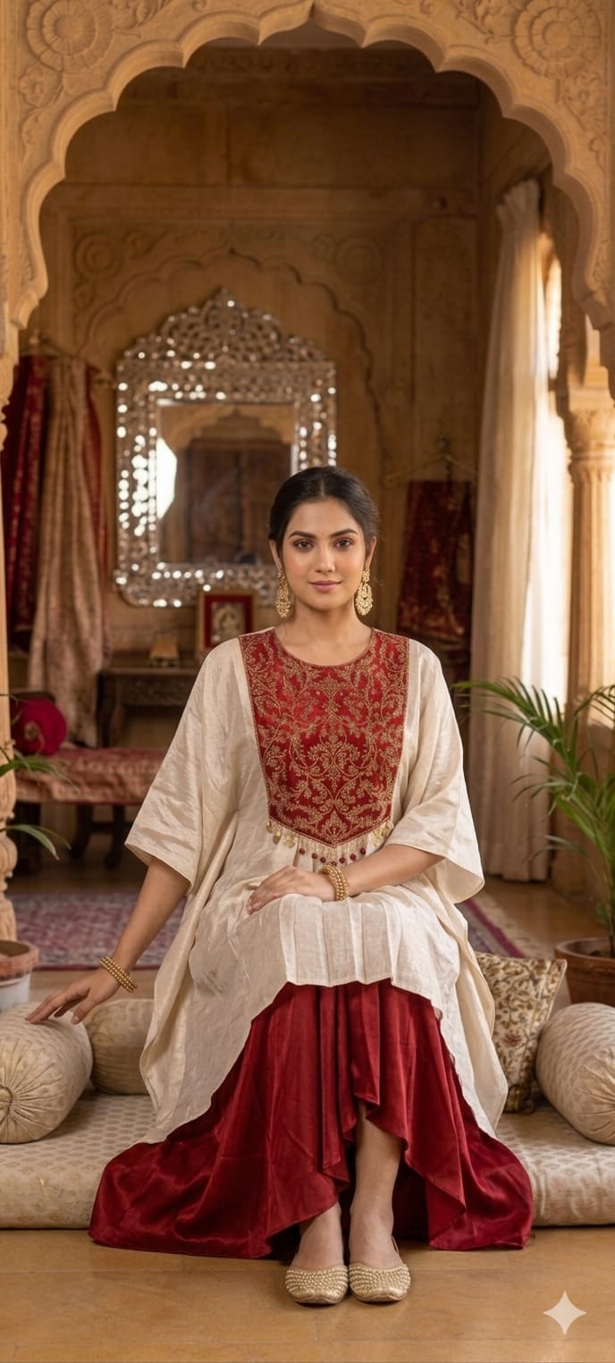Ivory Premium Tissue Pleated Kaftan Tunic with Embroidered Intricate Gold Zari Maroon Yoke & Skirt Set- 11396
