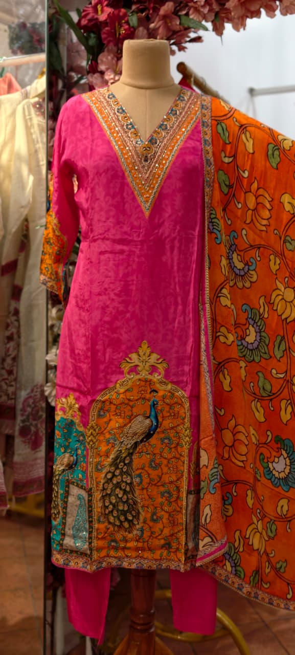 Vibrant Fuschia Elegance Peacock Inspired Digital Print Crepe Full Suit Set With Dupatta