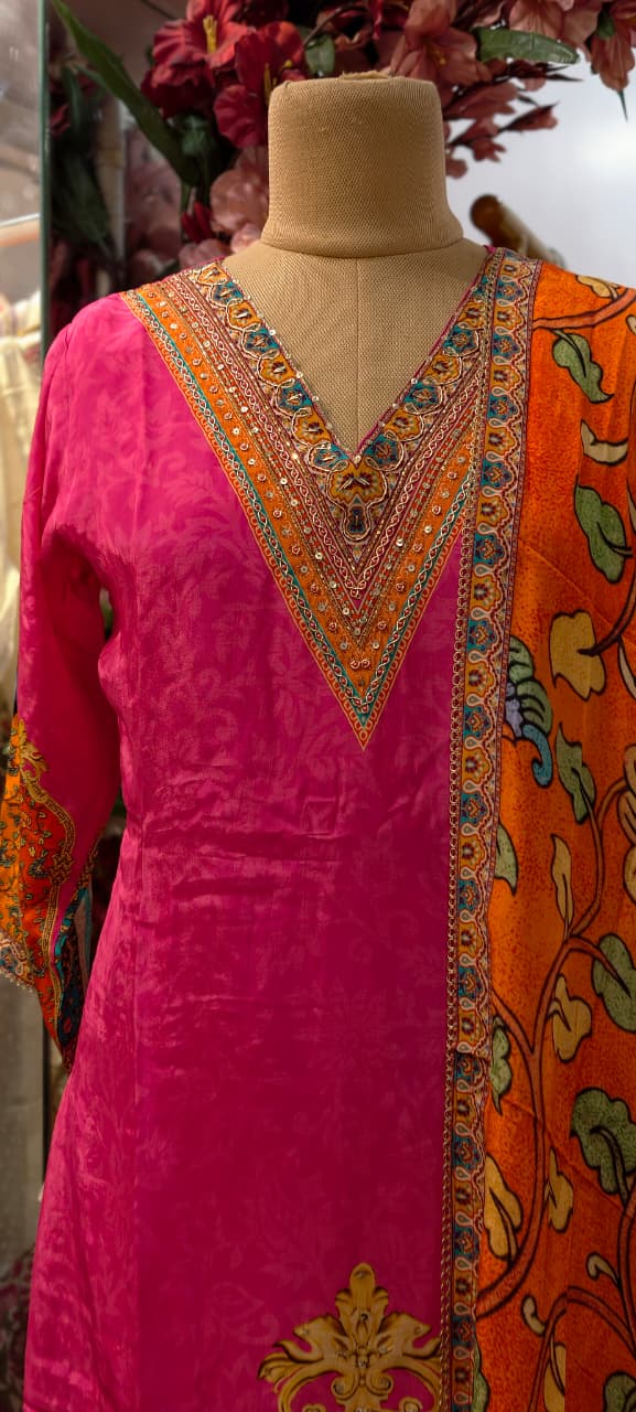 Vibrant Fuschia Elegance Peacock Inspired Digital Print Crepe Full Suit Set With Dupatta