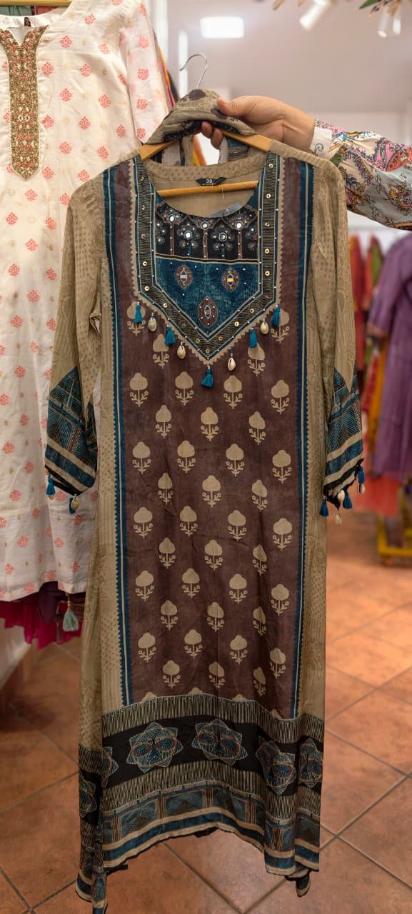Vintage Boho Indigo & Coffee Brown Printed A-Line Russian Silk Full Suit Set With Dupatta