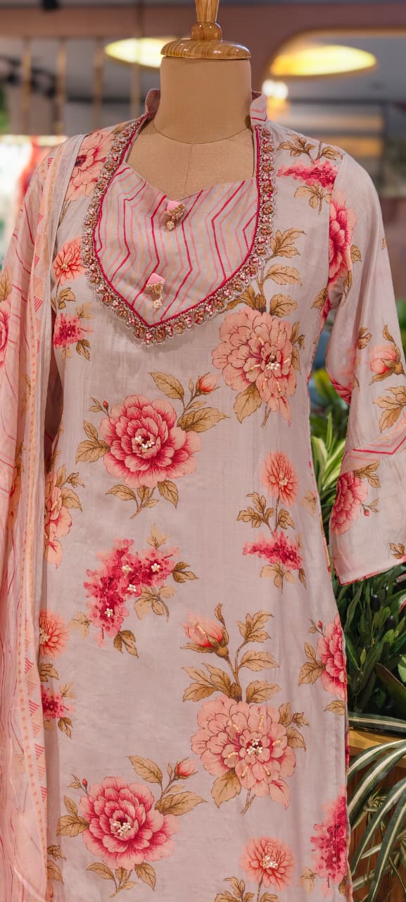 Gulmohar Floral Printed Unique Yoke Fancy Full Suit Set With Dupatta