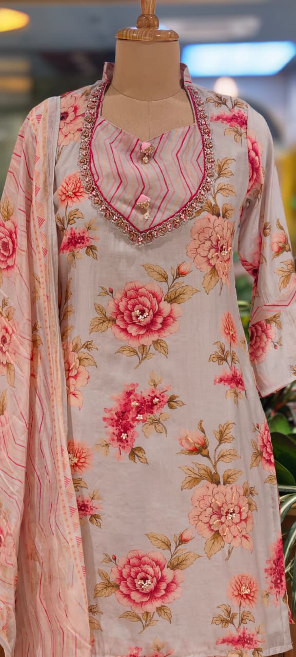 Gulmohar Floral Printed Unique Yoke Fancy Full Suit Set With Dupatta
