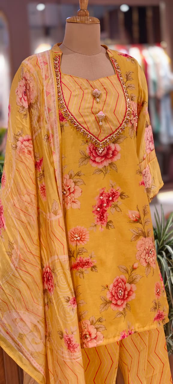 Gulmohar Floral Printed Unique Yoke Fancy Full Suit Set With Dupatta