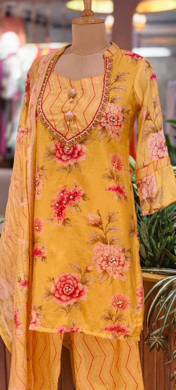 Gulmohar Floral Printed Unique Yoke Fancy Full Suit Set With Dupatta
